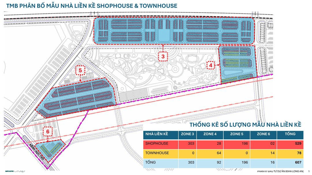 Sơ đồ phân bổ nhà mẫu liền kề Shophouse và Townhouse tại mặt bằng Thanh Phú Centre Point