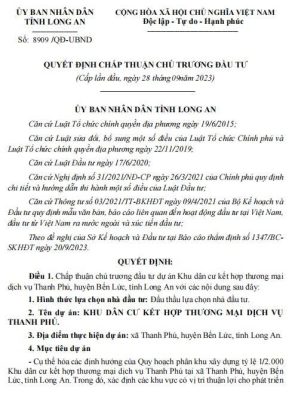 Văn bản Quyết định chấp thuận chủ trương đầu tư dự án Thanh Phú Centre Point từ UBND tỉnh Long An