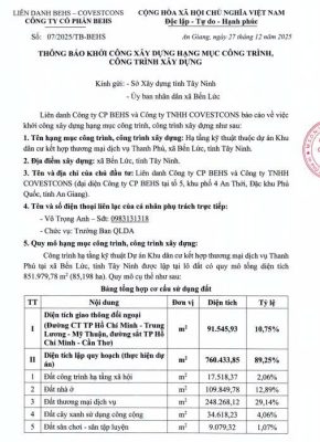Văn bản thông báo khởi công xây dựng hạng mục hạ tầng kỹ thuật dự án Thanh Phú Centre Point