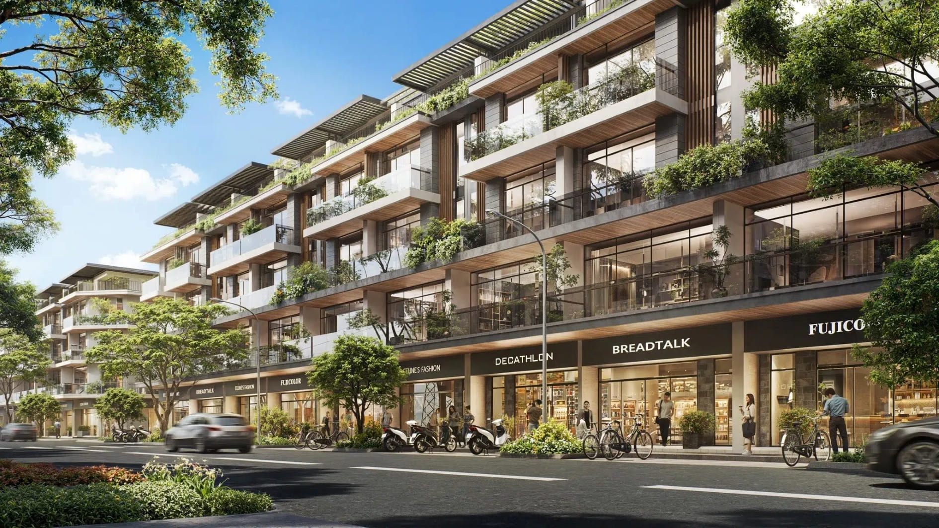 Phối cảnh khu trung tâm mua sắm Strip Mall sầm uất tại phân khu Thương Phú