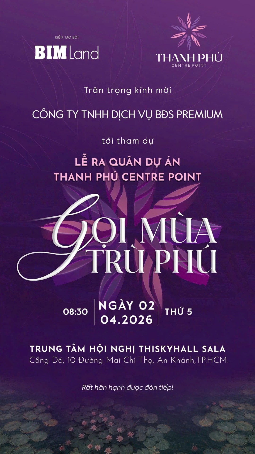 Thư mời đại lý BĐS Premium tham dự lễ ra quân dự án Thanh Phú Centre Point