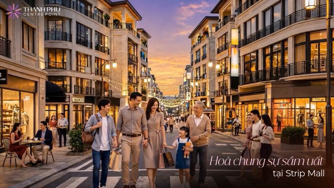 Phối cảnh tuyến shophouse thương mại hiện đại với thiết kế mở và cây xanh trải dài