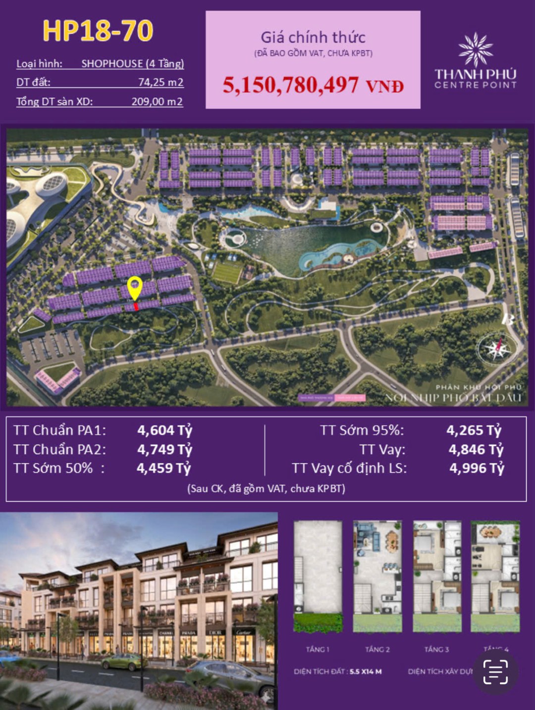 Vị trí căn Shophouse HP18-70 tại phân khu Hội Phú thuộc dự án Thanh Phú Centre Point