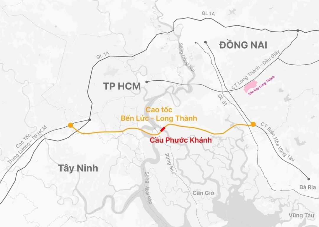 Sơ đồ hướng tuyến cao tốc Bến Lức - Long Thành